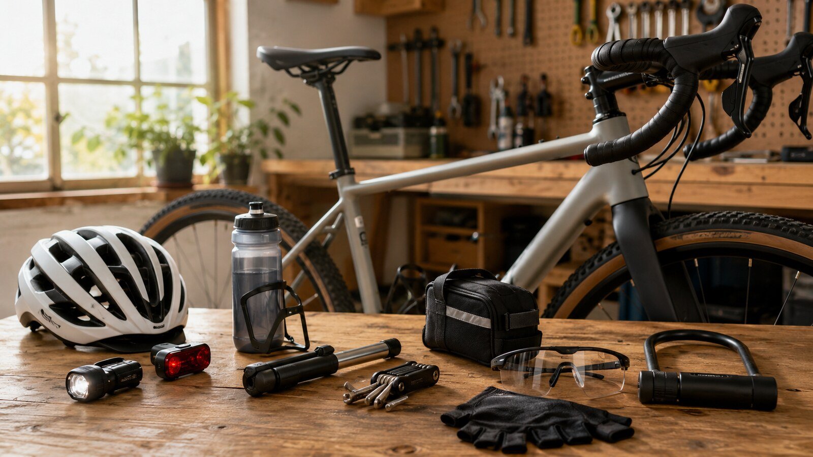 Diez accesorios esenciales preparados junto a una bicicleta gravel