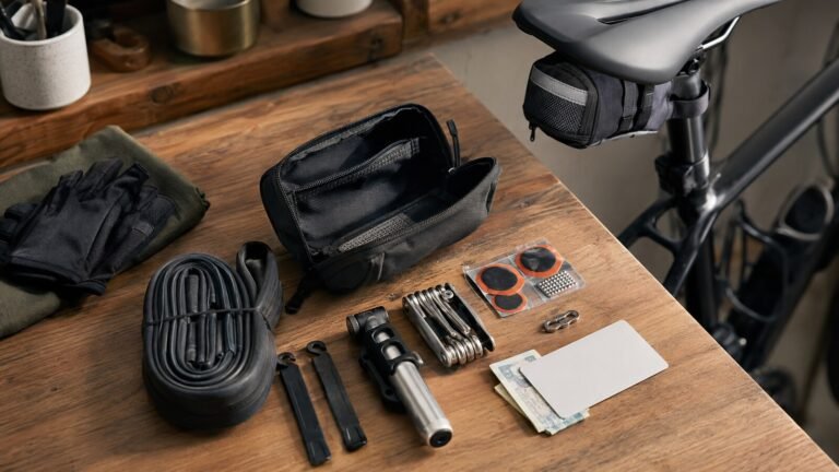 Bolsa de sillín y kit de reparación ordenado sobre un banco de madera
