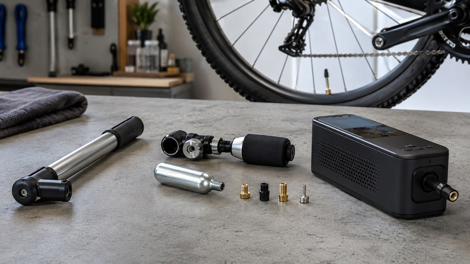 Mini bomba manual, inflador de CO2 y compresor eléctrico para bicicleta