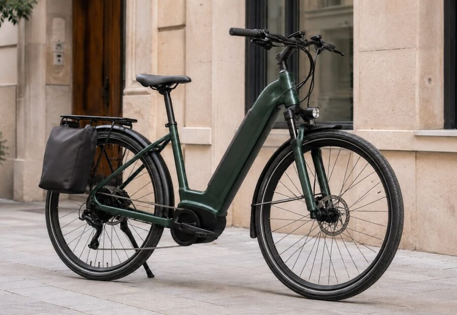 Bicicleta eléctrica urbana equipada con portabultos y alforja