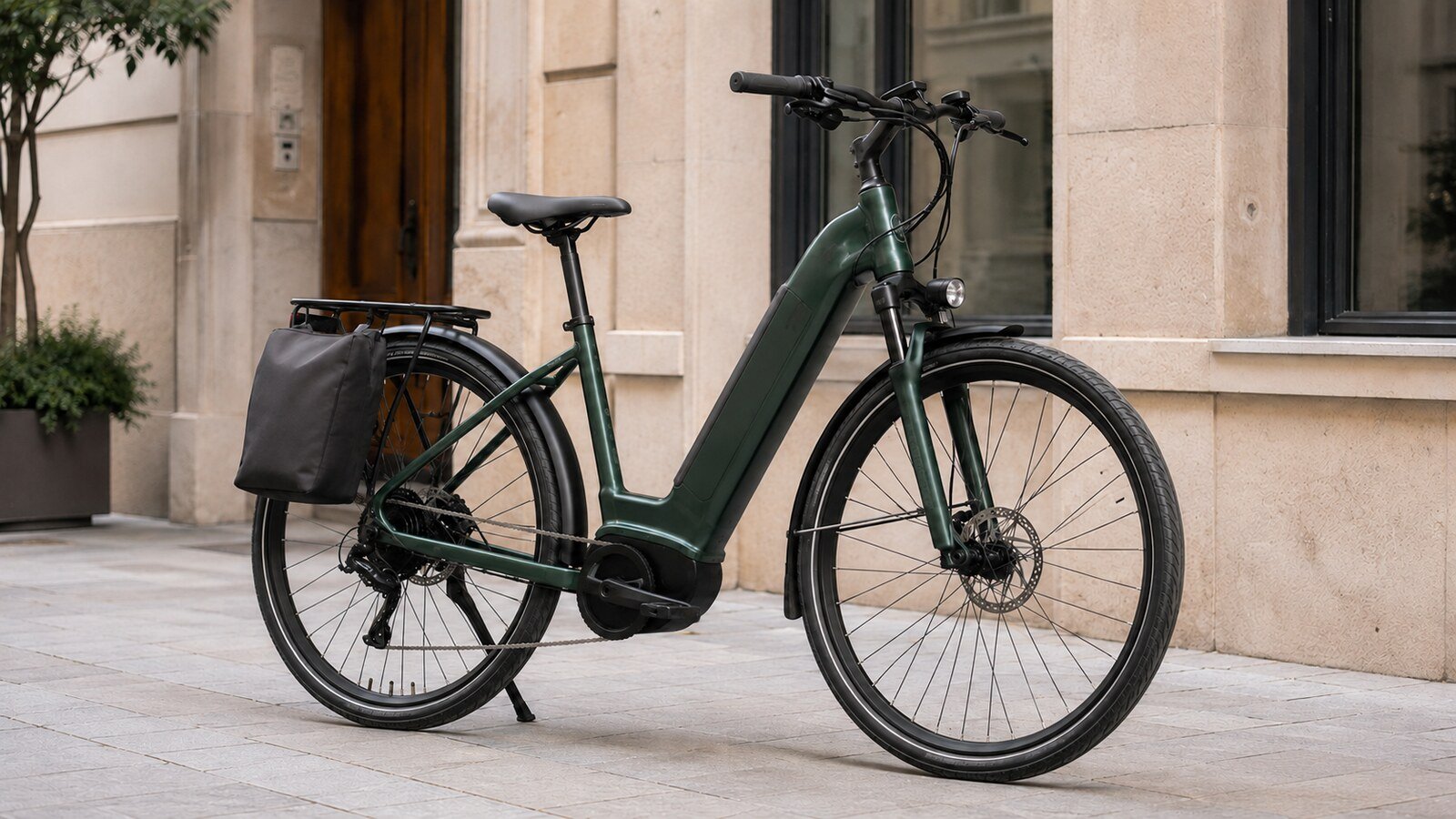 Bicicleta eléctrica urbana equipada con portabultos y alforja
