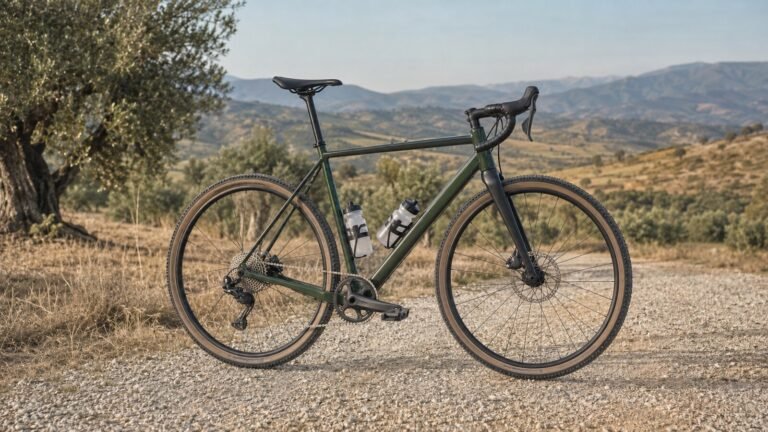 Bicicleta gravel verde en un camino rural