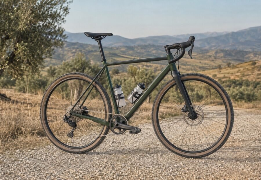 Bicicleta gravel verde en un camino rural
