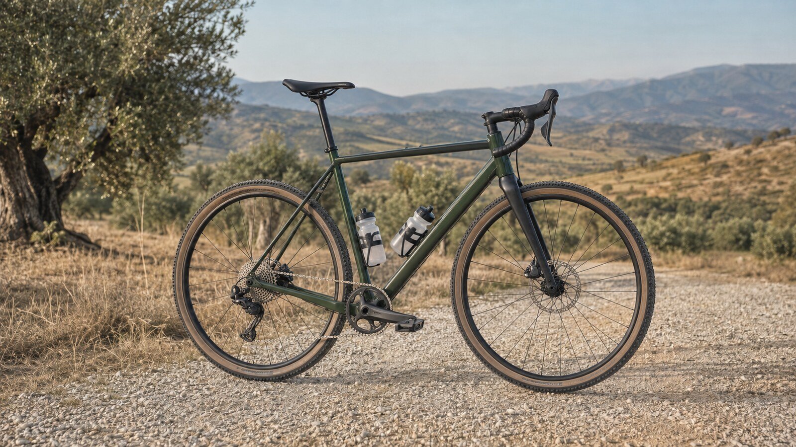 Bicicleta gravel verde en un camino rural