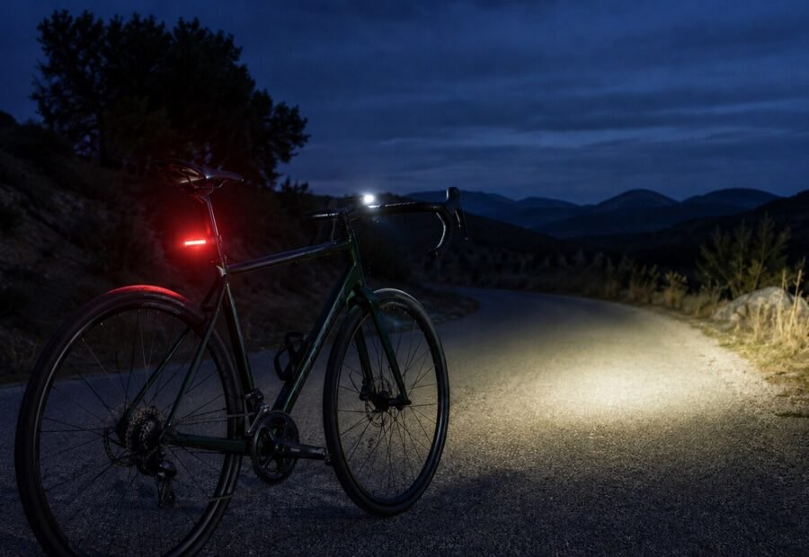 Luces delantera y trasera encendidas en una bicicleta al anochecer
