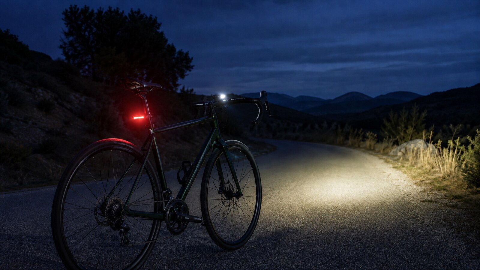 Luces delantera y trasera encendidas en una bicicleta al anochecer