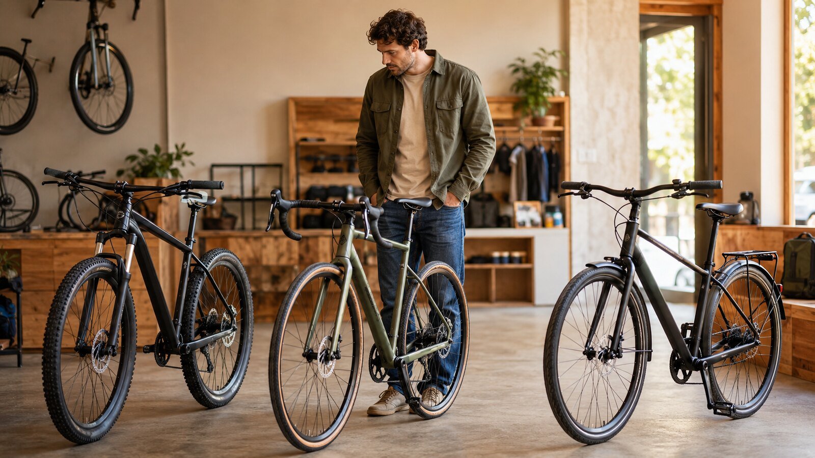 Ciclista comparando una bicicleta de montaña, una gravel y una urbana en una tienda