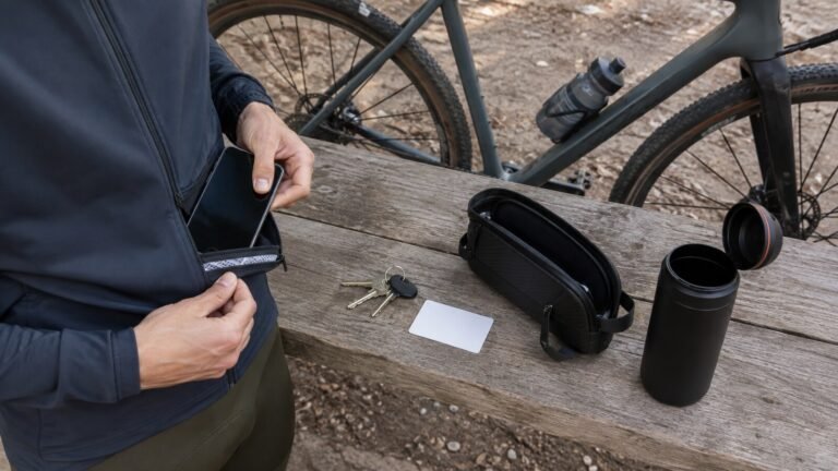 Móvil, llaves y documentación organizados en una funda estanca para bicicleta