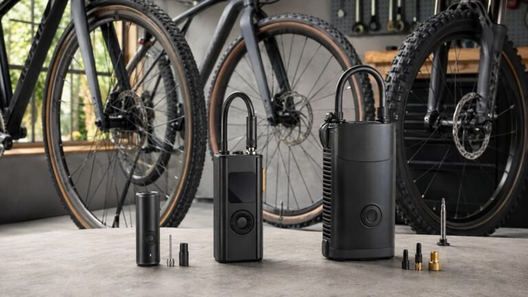 Tres tamaños de compresor eléctrico portátil junto a ruedas de bicicleta