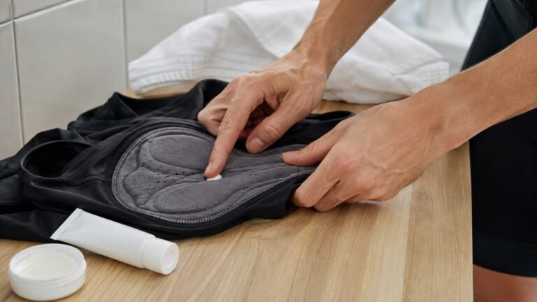 Ciclista preparando crema antirozaduras junto a un culotte limpio