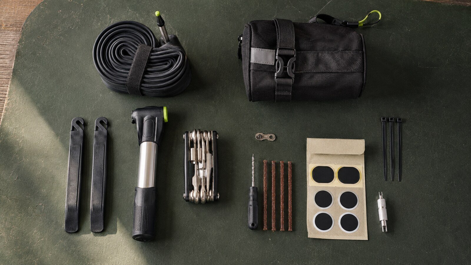 Kit de reparación para bicicleta preparado para una ruta