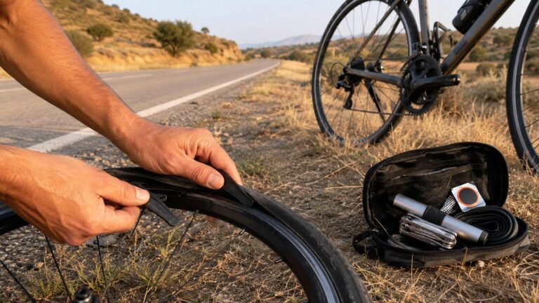 Ciclista reparando un pinchazo con desmontables al borde de una carretera
