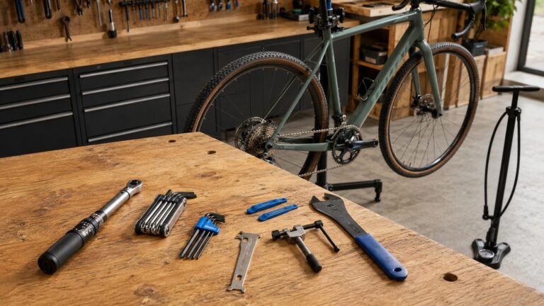 Herramientas de bicicleta ordenadas en un banco de taller junto a una gravel