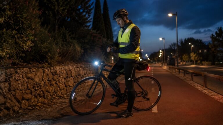 Ciclista con chaleco reflectante y bicicleta iluminada en un carril bici nocturno