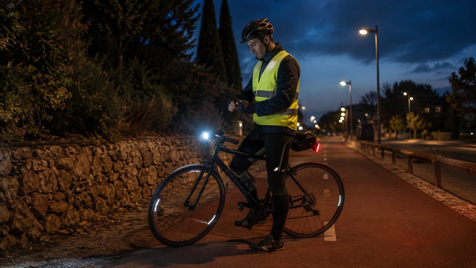Ciclista con chaleco reflectante y bicicleta iluminada en un carril bici nocturno