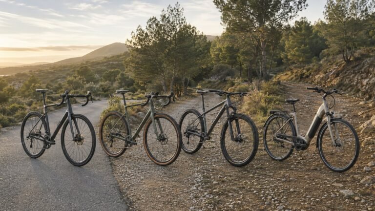 Bicicletas de carretera, gravel, montaña y eléctrica urbana junto a distintos terrenos