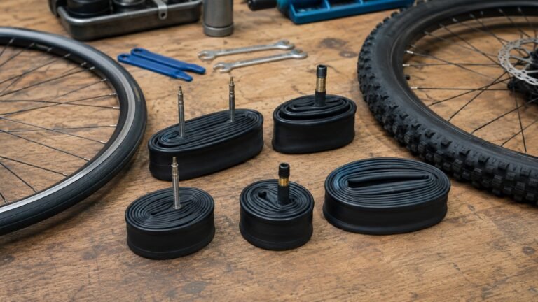 Cámaras de bicicleta con válvulas Presta y Schrader junto a varias ruedas