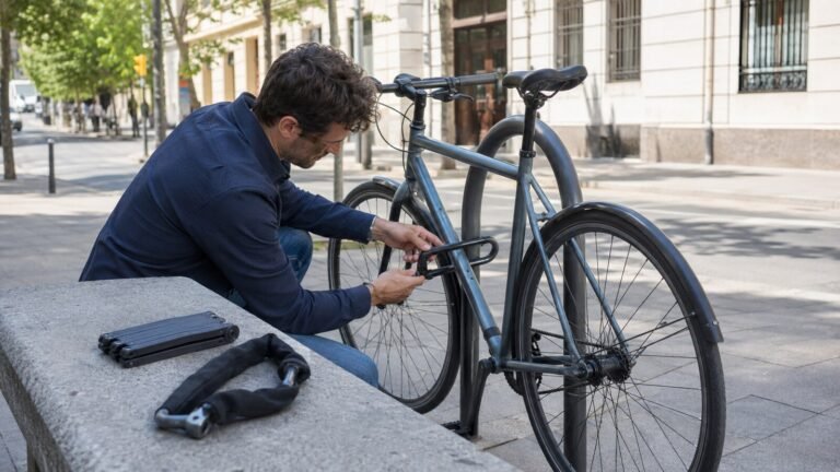 Bicicleta urbana bien sujeta a un aparcabicis con un candado en U