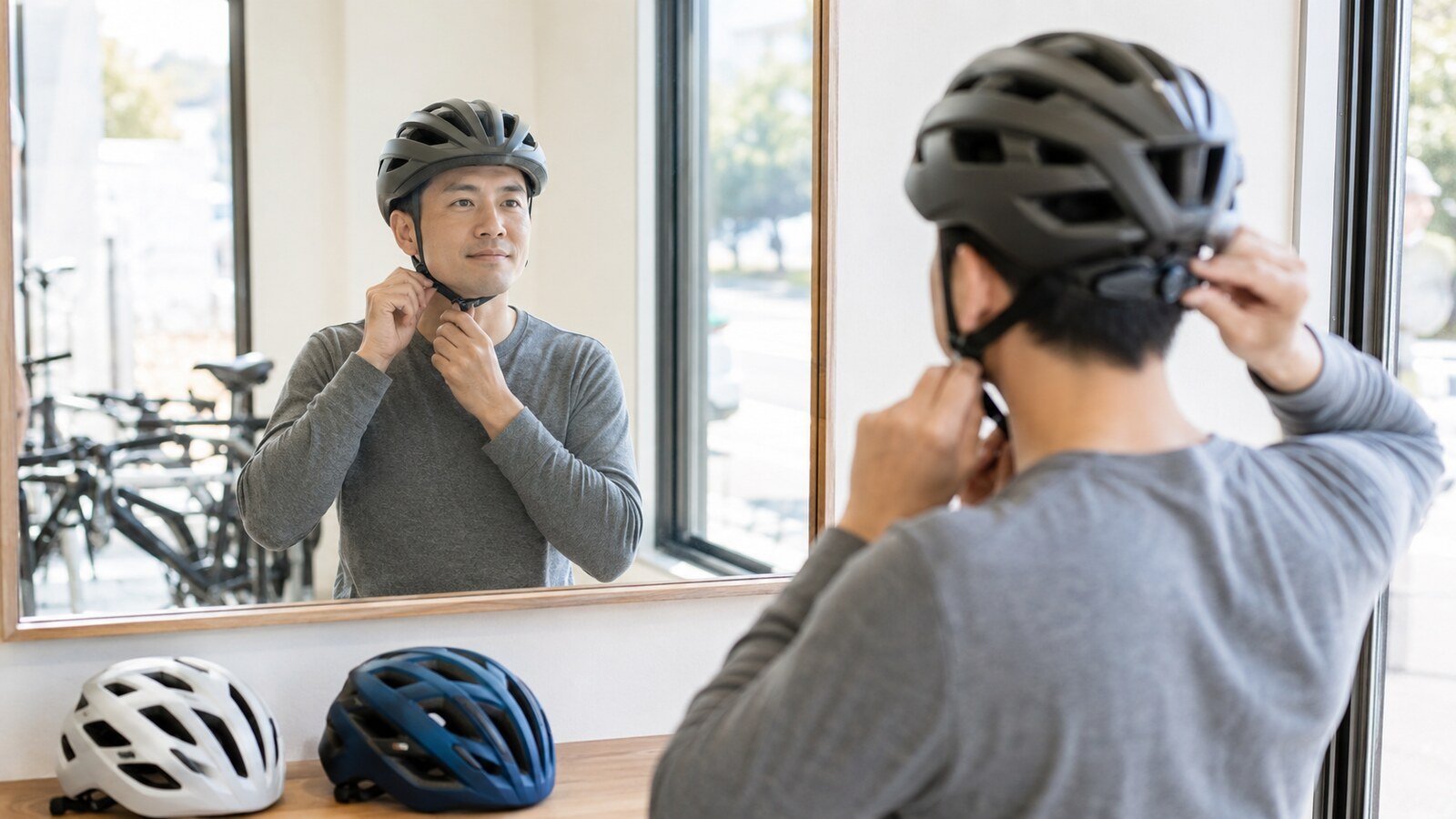 Ciclista principiante ajustando correctamente su casco frente a un espejo