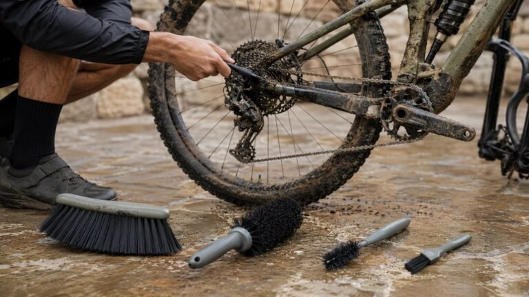 Varios cepillos de limpieza junto a una bicicleta de montaña embarrada