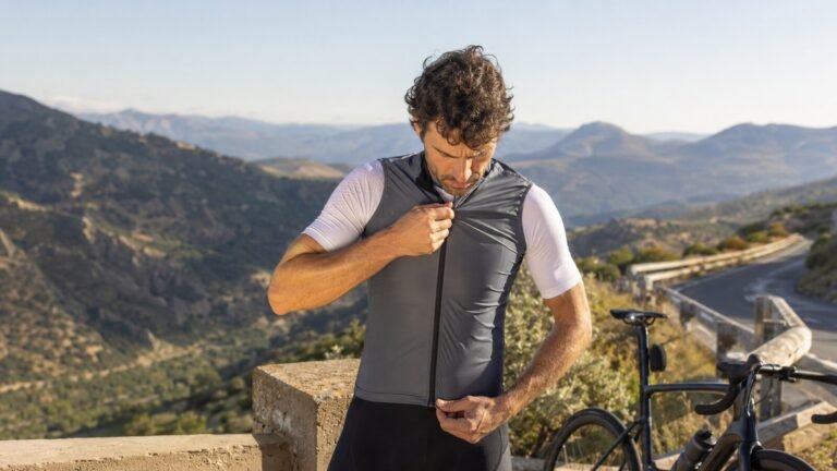Ciclista guardando un chaleco cortavientos ligero junto a una carretera de montaña