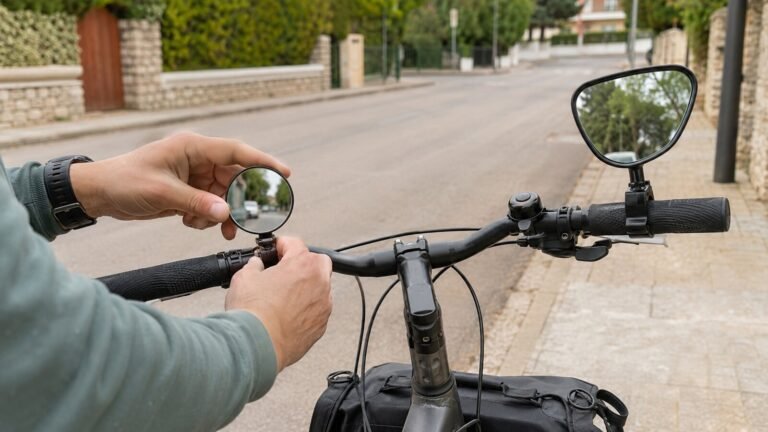 Espejo retrovisor de bicicleta mostrando la carretera detrás del ciclista