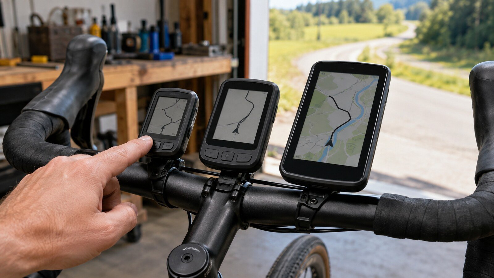 Ciclocomputador GPS mostrando una ruta en el manillar de una bicicleta