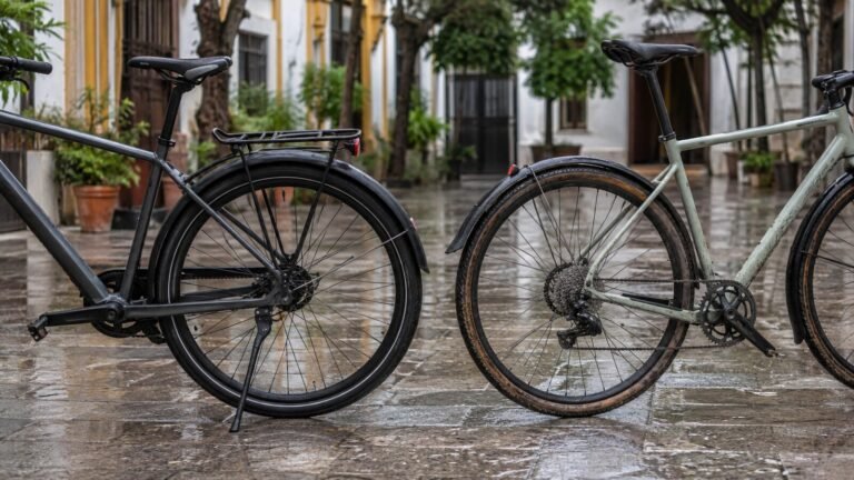 Dos bicicletas con guardabarros completos y desmontables después de llover