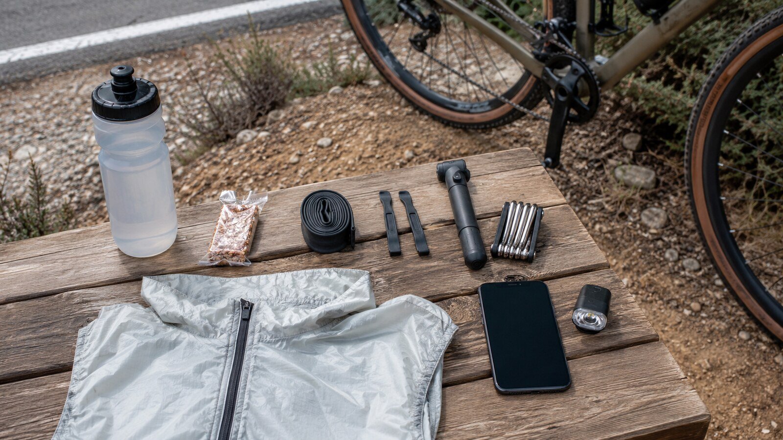 Equipo esencial ordenado antes de una ruta de bicicleta de dos horas