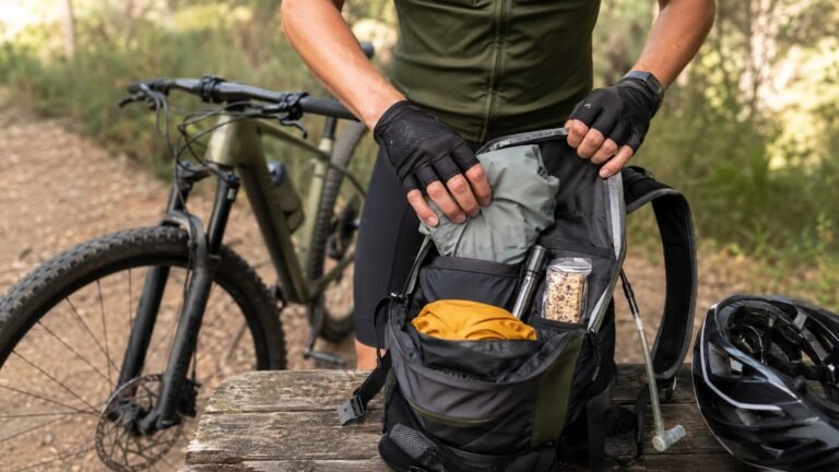 Ciclista con mochila compacta ajustada durante una ruta corta de montaña