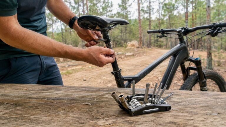 Multiherramienta abierta junto a una bicicleta de montaña