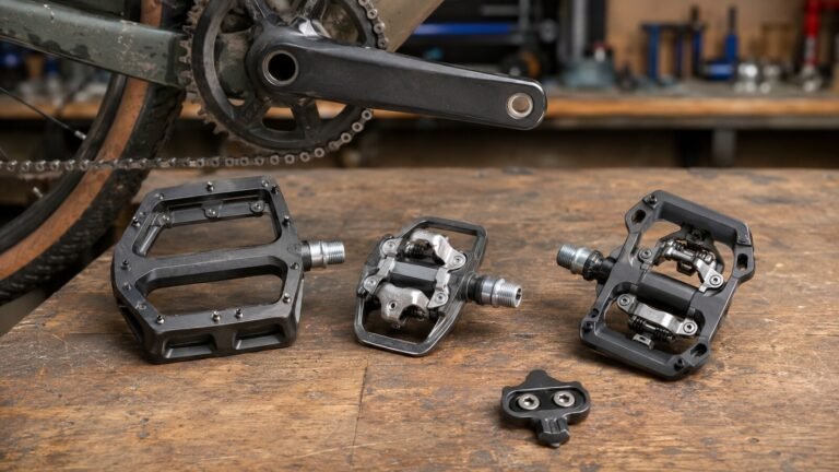 Pedal de plataforma y pedal automático comparados junto a una bicicleta