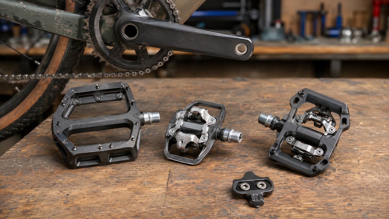 Pedal de plataforma y pedal automático comparados junto a una bicicleta