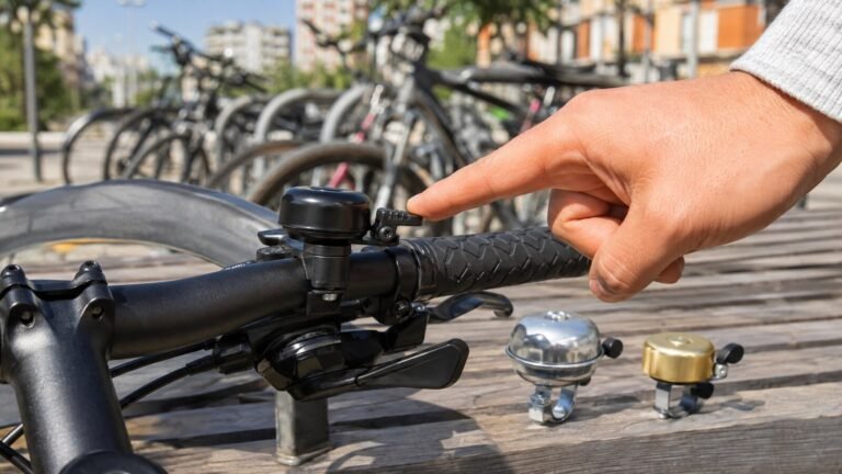 Detalle de un ciclista accionando un timbre compacto en el manillar