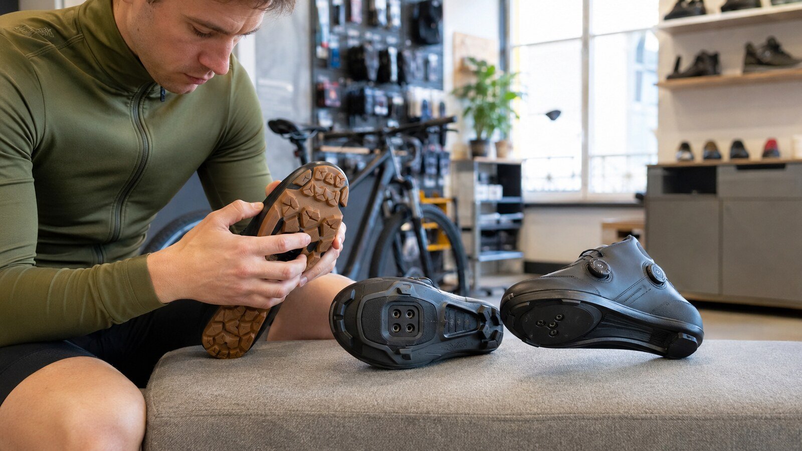 Tres tipos de zapatillas de ciclismo junto a pedales compatibles